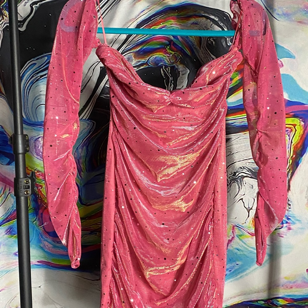 Pink Draped Midi Dress with Sheer Metallic Accent